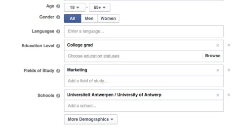 Screenshot facebook ads demografische gegevens - opleiding