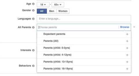 Screenshot facebook ads demografische gegevens - ouders
