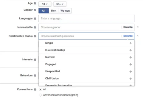 Screenshot facebook ads demografische gegevens - relatie