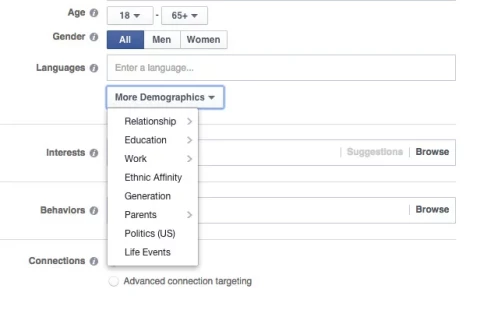 Screenshot facebook ads demografische gegevens - meer opties