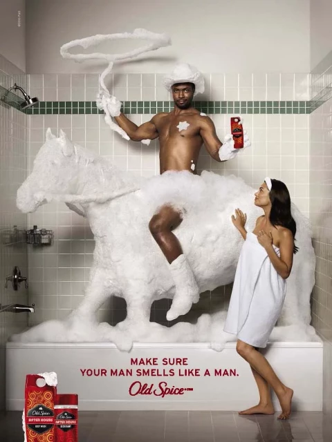 Voorbeeld sterke visuals Old Spice met hierop een man in bad zittend op een paard van badschuim
