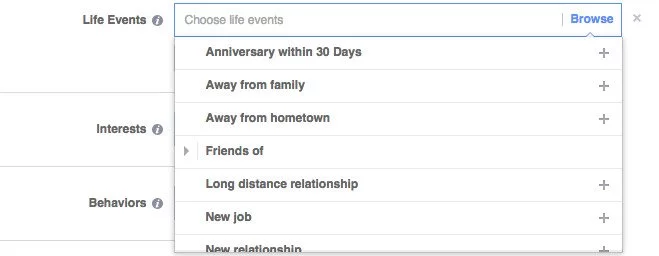 Screenshot facebook ads demografische gegevens - life events