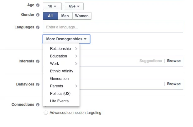 Screenshot facebook ads demografische gegevens - meer opties