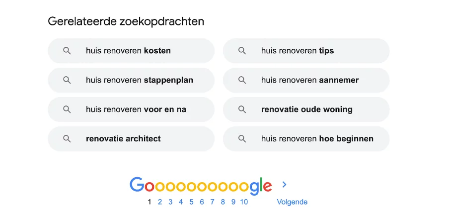 screenshot over gerelateerde zoekopdrachten in de SERP's