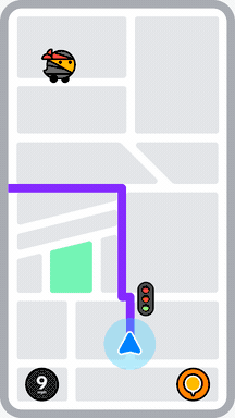 voorbeeld advertentieformat op Waze waarbij je advertentie wordt getoond wanneer mensen voor een rood licht staan