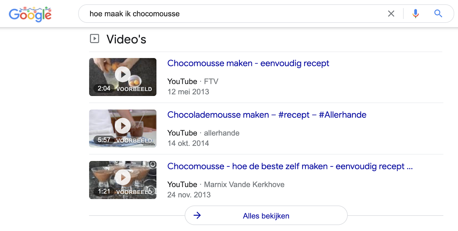 screenshot van YouTube video's in de SERP's van Google